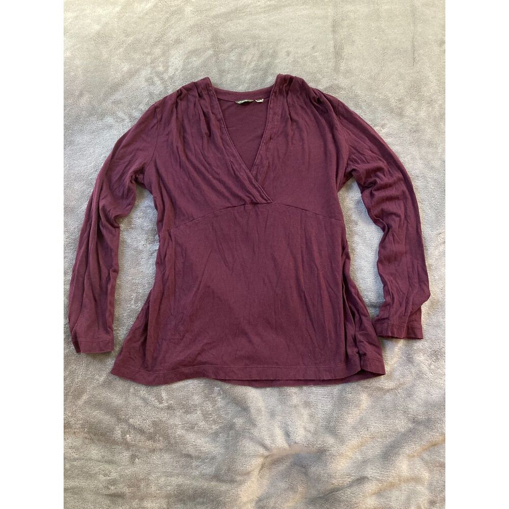 Eddie Bauer Long Sleeve Shirt 2010s Womens Burgundy Surplice V-Neck Top Knit LP